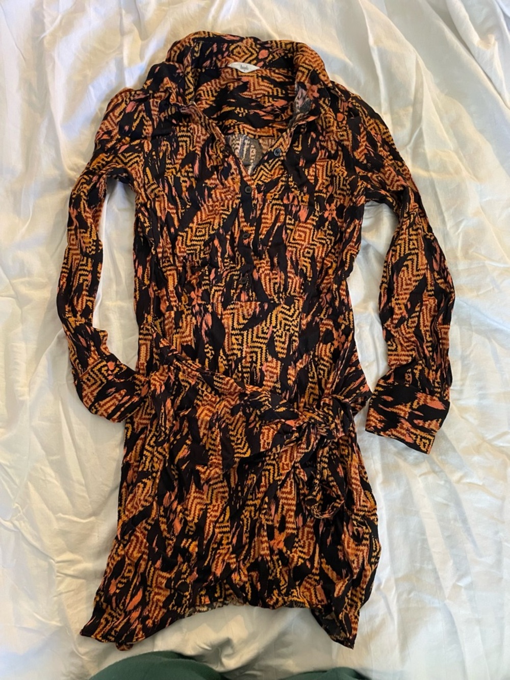 Printed Black & Orange Long-Sleeve Mini Dress with Waist Tie